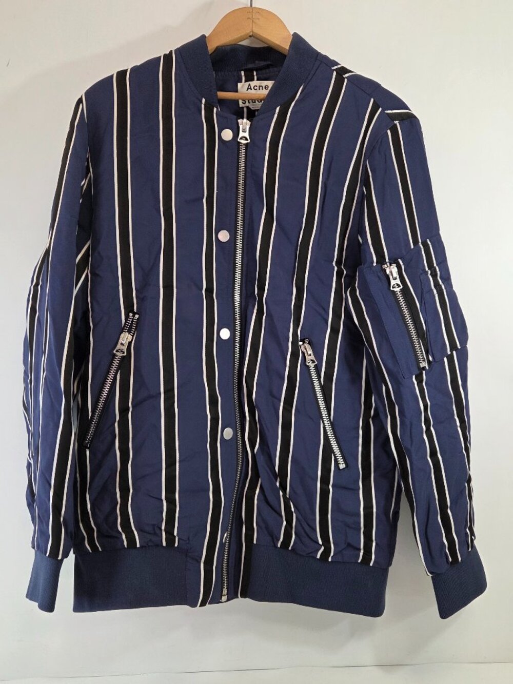 Acne Studios Striped Bomber Jacket Size 36 Blue Black made in Lithuania